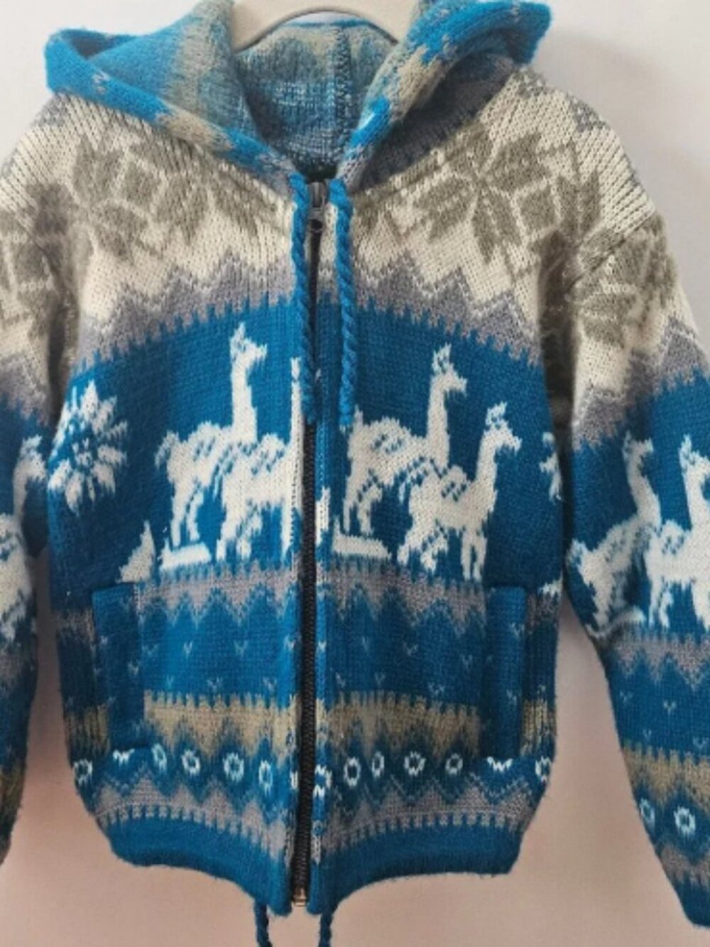 VTG Tejidos Ruminahui Kids Alpaca Wool Blend Llama Hooded Sweater Blue Size 2